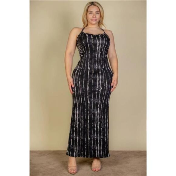 Plus Size Tie Dye Printed Cami Bodycon Maxi Dress- Black - Picture 1 of 5